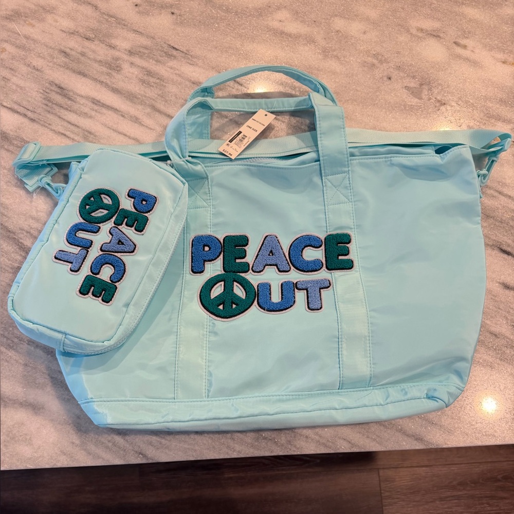 Peace Out Light Blue Tote Bag with matching smaller bag.